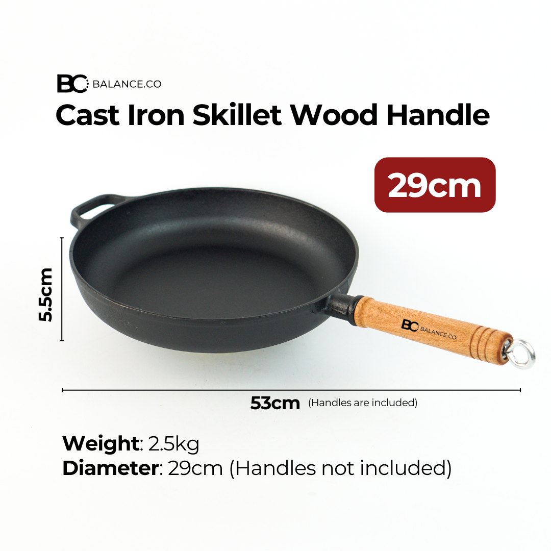 Balance.co 25/29cm Pre-Seasoned Cast Iron Skillet | Non-Stick Frying Pan | Wood Handle