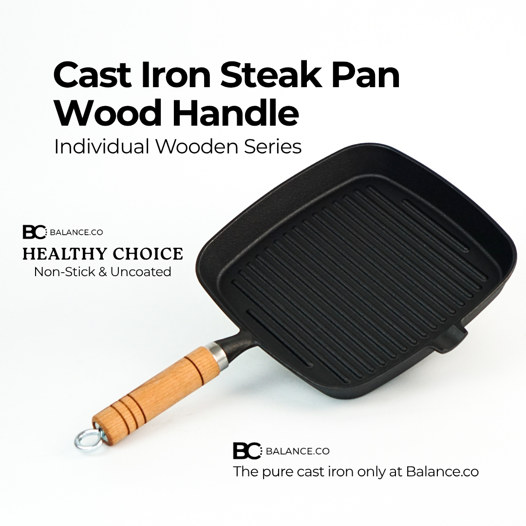 Balance.co 24cm Pre-Seasoned Cast Iron Steak Skillet | Natural Non-Stick Frying Pan | Wood Handle