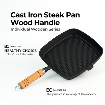 Balance.co 24cm Pre-Seasoned Cast Iron Steak Skillet | Natural Non-Stick Frying Pan | Wood Handle