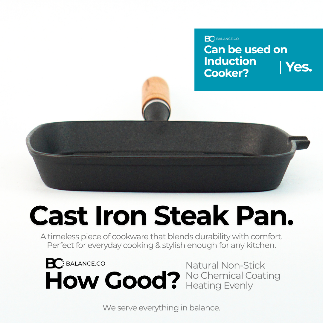 Balance.co 24cm Pre-Seasoned Cast Iron Steak Skillet | Natural Non-Stick Frying Pan | Wood Handle