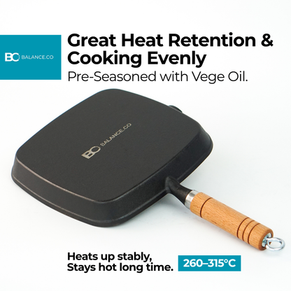 Balance.co 24cm Pre-Seasoned Cast Iron Steak Skillet | Natural Non-Stick Frying Pan | Wood Handle