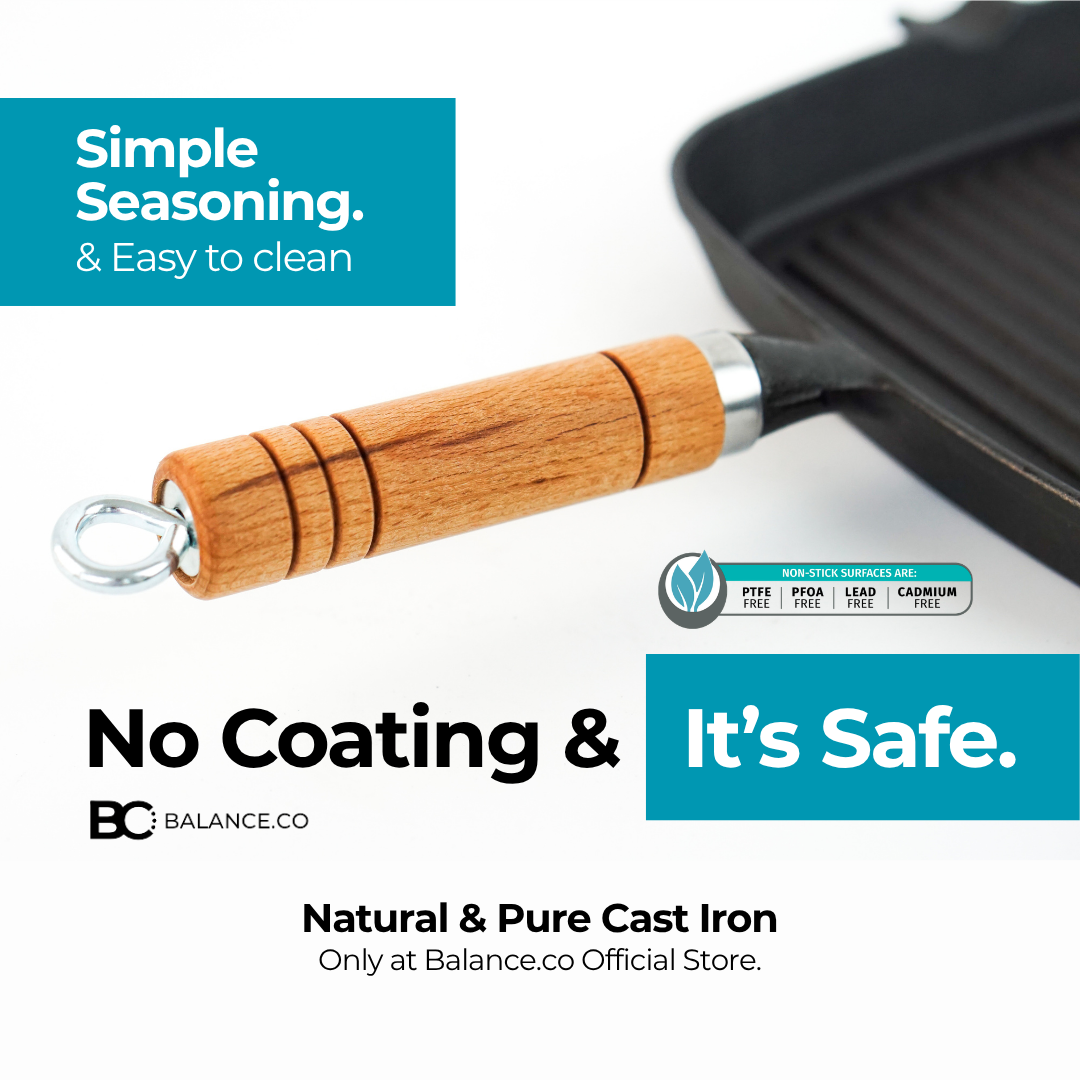 Balance.co 24cm Pre-Seasoned Cast Iron Steak Skillet | Natural Non-Stick Frying Pan | Wood Handle