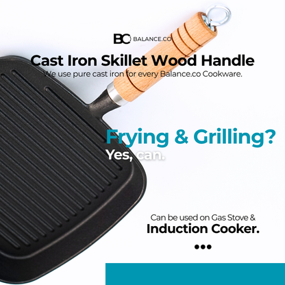 Balance.co 24cm Pre-Seasoned Cast Iron Steak Skillet | Natural Non-Stick Frying Pan | Wood Handle