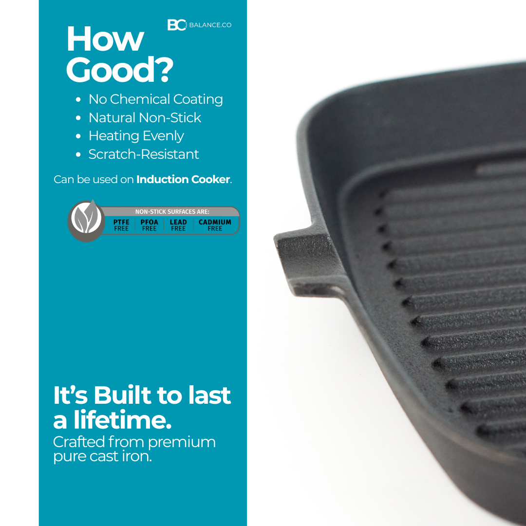 Balance.co 24cm Pre-Seasoned Cast Iron Steak Skillet | Natural Non-Stick Frying Pan | Wood Handle