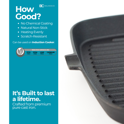 Balance.co 24cm Pre-Seasoned Cast Iron Steak Skillet | Natural Non-Stick Frying Pan | Wood Handle