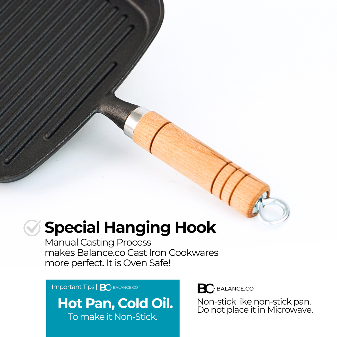 Balance.co 24cm Pre-Seasoned Cast Iron Steak Skillet | Natural Non-Stick Frying Pan | Wood Handle