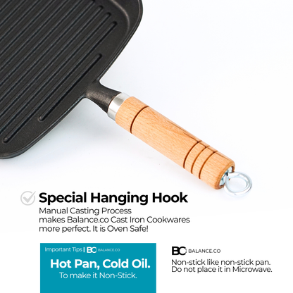 Balance.co 24cm Pre-Seasoned Cast Iron Steak Skillet | Natural Non-Stick Frying Pan | Wood Handle