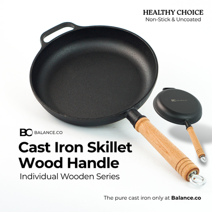 Balance.co 25/29cm Pre-Seasoned Cast Iron Skillet | Non-Stick Frying Pan | Wood Handle