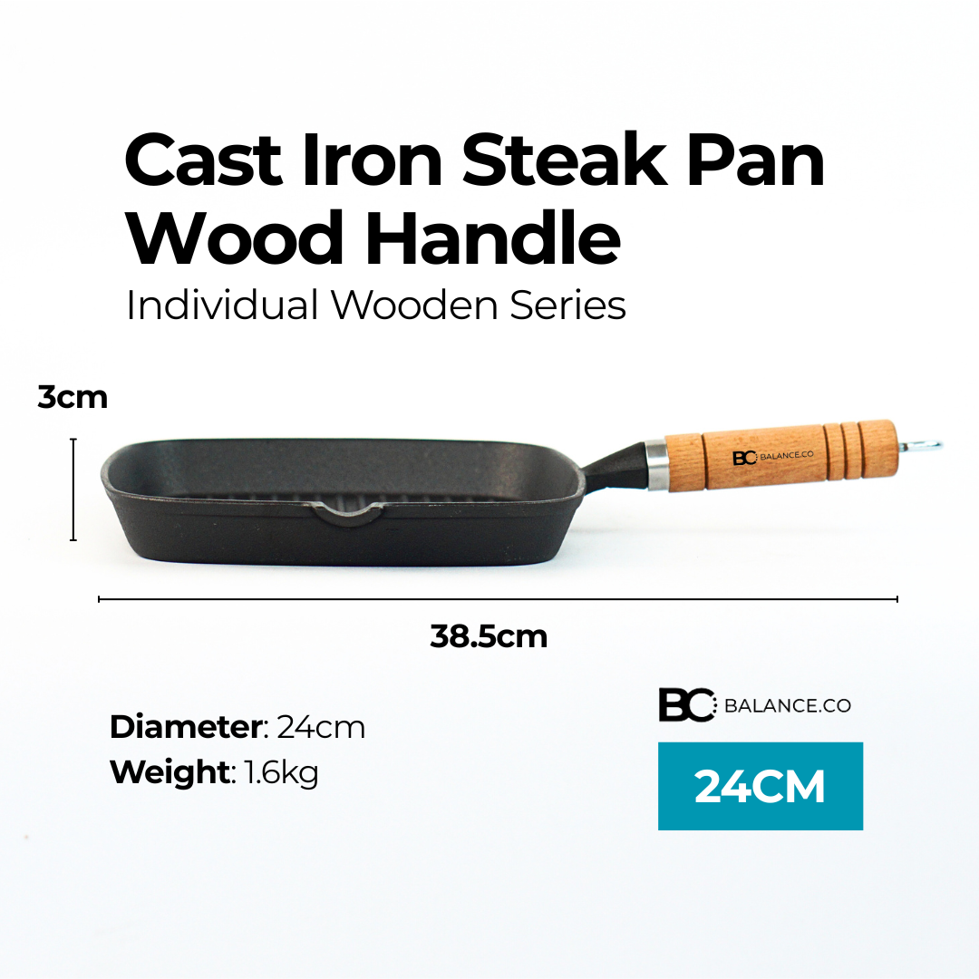 Balance.co 24cm Pre-Seasoned Cast Iron Steak Skillet | Natural Non-Stick Frying Pan | Wood Handle