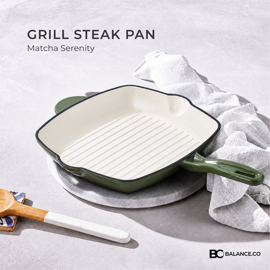 Balance.co 26cm Matcha Enamelled Cast Iron Skillet | Steak Pan / Grill / Induction & Oven Compatible
