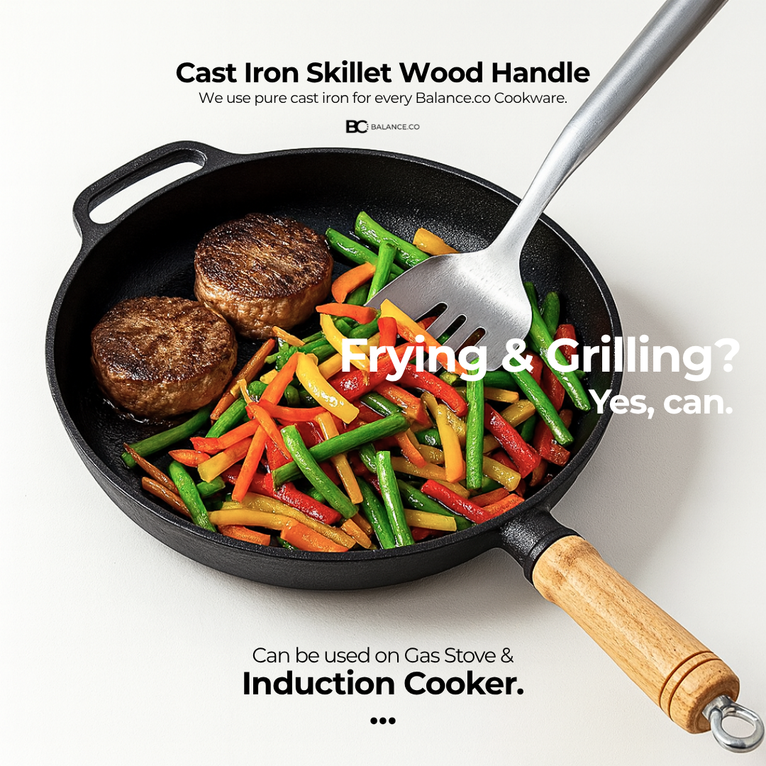 Balance.co 25/29cm Pre-Seasoned Cast Iron Skillet | Non-Stick Frying Pan | Wood Handle