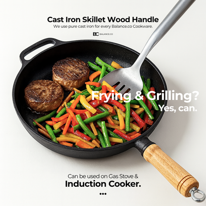Balance.co 25/29cm Pre-Seasoned Cast Iron Skillet | Non-Stick Frying Pan | Wood Handle