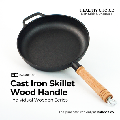 Balance.co 25/29cm Pre-Seasoned Cast Iron Skillet | Non-Stick Frying Pan | Wood Handle