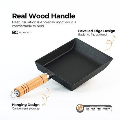 Cast Iron Tamagoyaki Pan – Wooden Handle Japanese Egg & Frying Pan