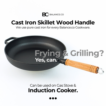 Balance.co 25/29cm Pre-Seasoned Cast Iron Skillet | Non-Stick Frying Pan | Wood Handle