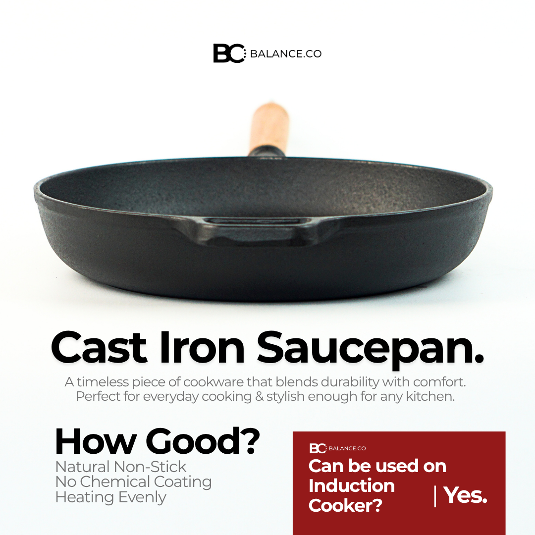 Balance.co 25/29cm Pre-Seasoned Cast Iron Skillet | Non-Stick Frying Pan | Wood Handle