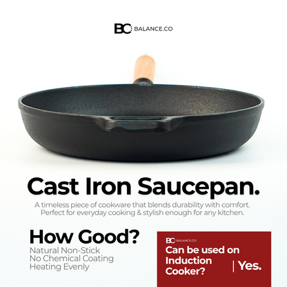 Balance.co 25/29cm Pre-Seasoned Cast Iron Skillet | Non-Stick Frying Pan | Wood Handle