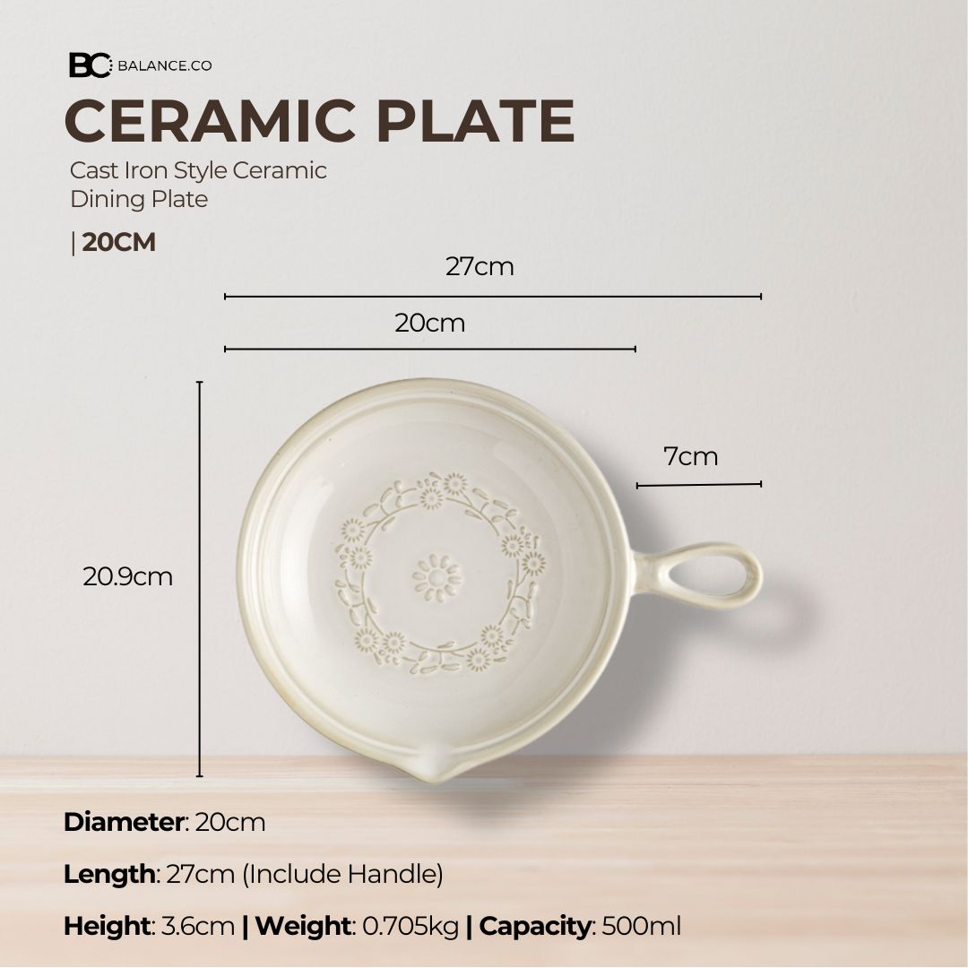 Balance.co Japanese Vintage Ceramic Plate 20cm – Single Handle Retro Glaze Dish for Salad & Steak