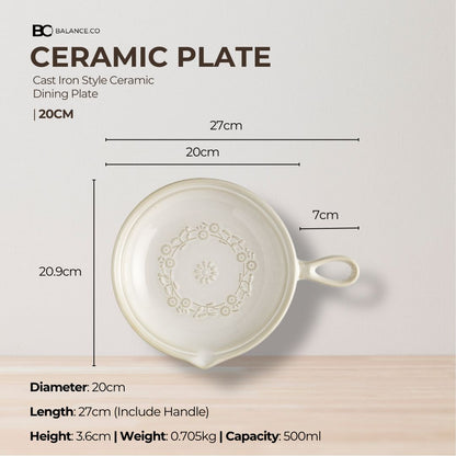 Balance.co Japanese Vintage Ceramic Plate 20cm – Single Handle Retro Glaze Dish for Salad & Steak