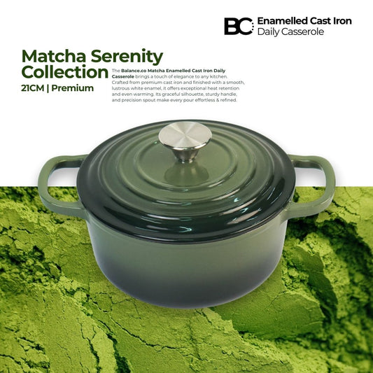 Balance.co 21cm Matcha Enamelled Daily Casserole 2.8L | Stew Pot /Soup /Braise /Induction Compatible