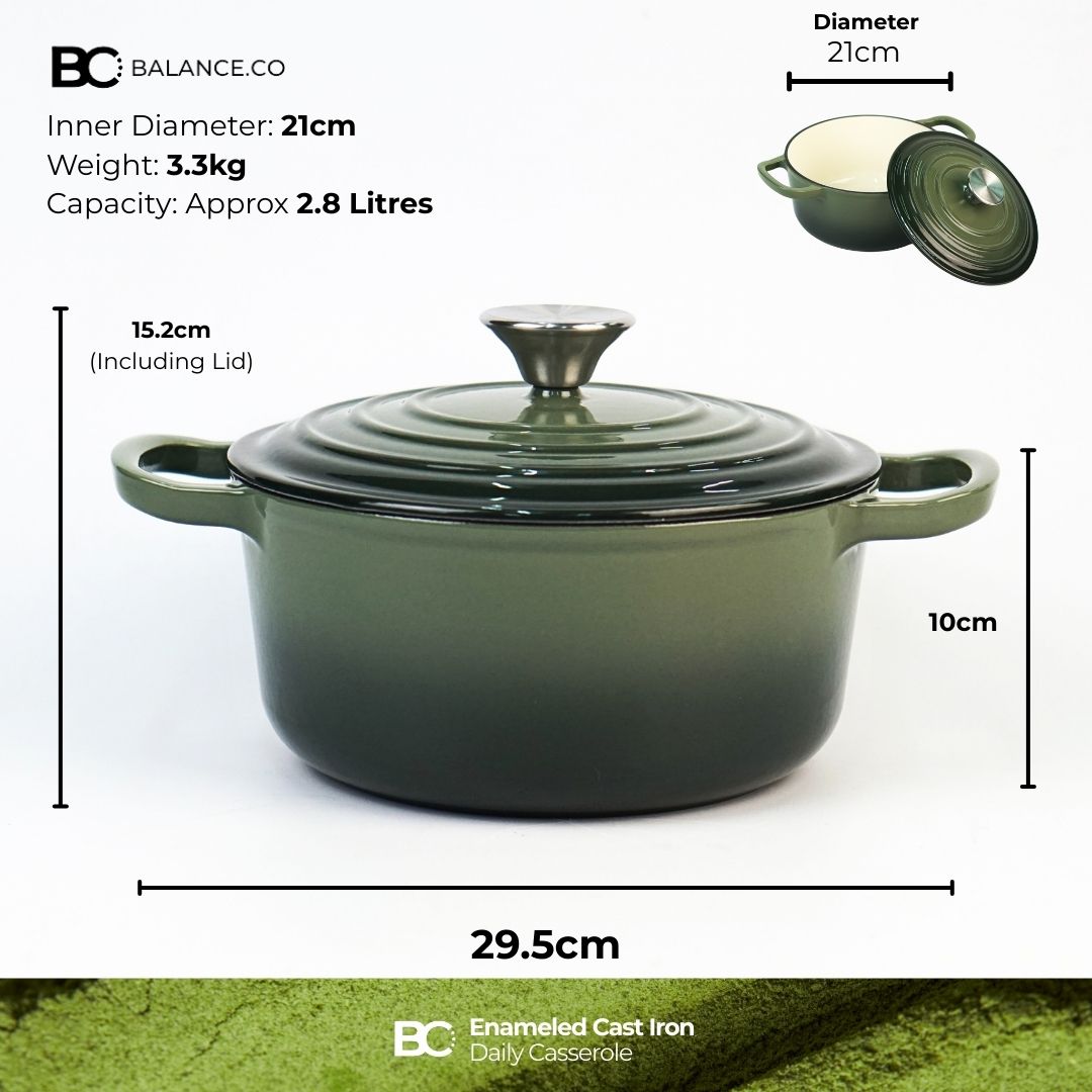 Balance.co 21cm Matcha Enamelled Daily Casserole 2.8L | Stew Pot /Soup /Braise /Induction Compatible