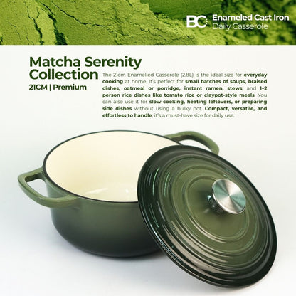 Balance.co 21cm Matcha Enamelled Daily Casserole 2.8L | Stew Pot /Soup /Braise /Induction Compatible