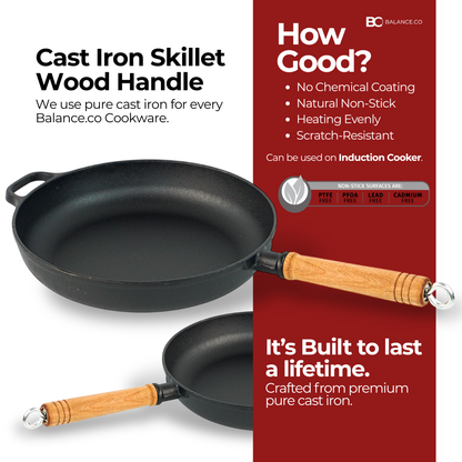 Balance.co 25/29cm Pre-Seasoned Cast Iron Skillet | Non-Stick Frying Pan | Wood Handle