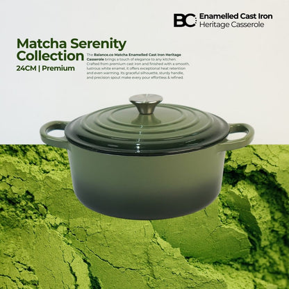 Balance.co 24cm Matcha Enamelled Heritage Casserole 4.3L Stew Pot Soup /Braise /Induction Compatible