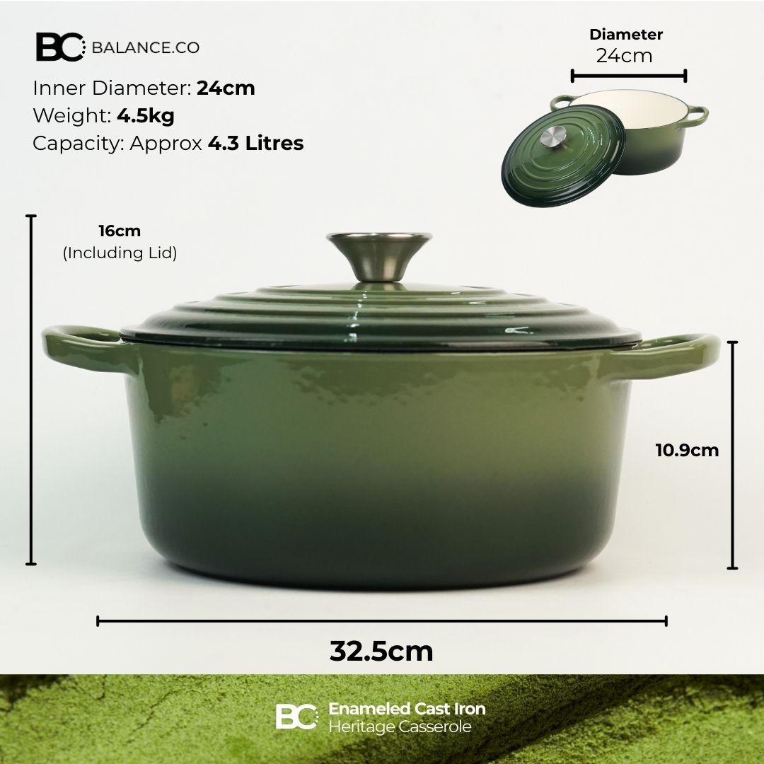 Balance.co 24cm Matcha Enamelled Heritage Casserole 4.3L Stew Pot Soup /Braise /Induction Compatible