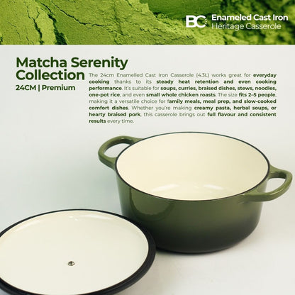 Balance.co 24cm Matcha Enamelled Heritage Casserole 4.3L Stew Pot Soup /Braise /Induction Compatible