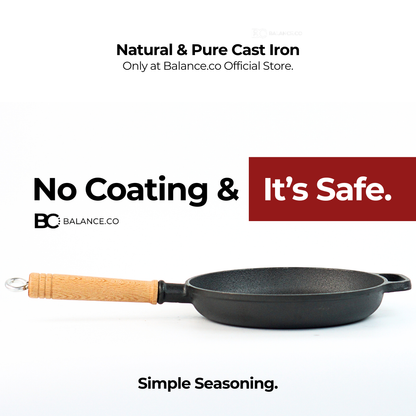 Balance.co 25/29cm Pre-Seasoned Cast Iron Skillet | Non-Stick Frying Pan | Wood Handle