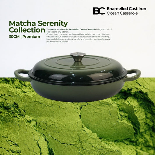 Balance.co 30cm Matcha Enamelled Ocean Casserole 3.6L Shallow Pot Paella Braise/Induction Compatible
