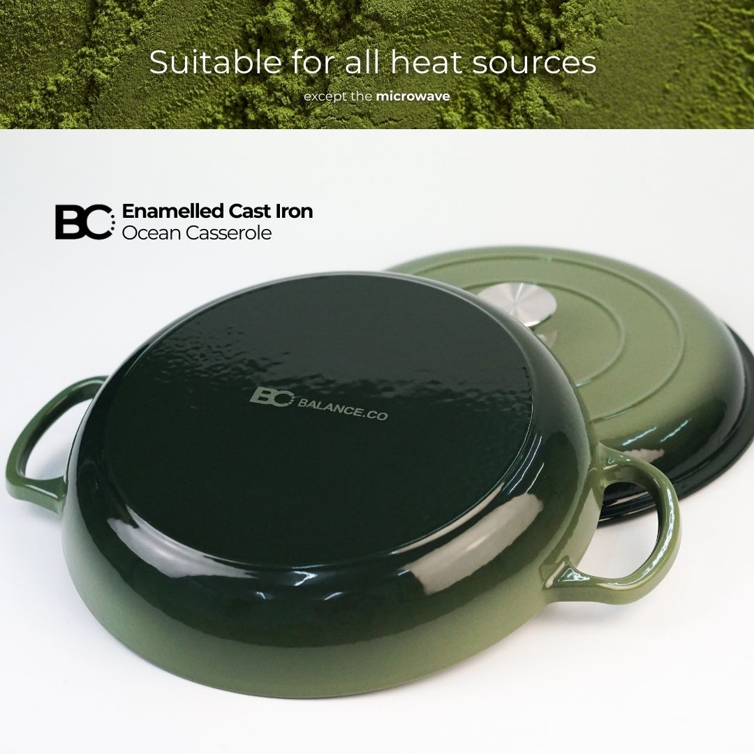 Balance.co 30cm Matcha Enamelled Ocean Casserole 3.6L Shallow Pot Paella Braise/Induction Compatible