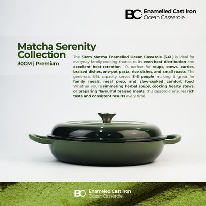 Balance.co 30cm Matcha Enamelled Ocean Casserole 3.6L Shallow Pot Paella Braise/Induction Compatible