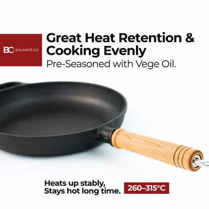 Balance.co 25/29cm Pre-Seasoned Cast Iron Skillet | Non-Stick Frying Pan | Wood Handle