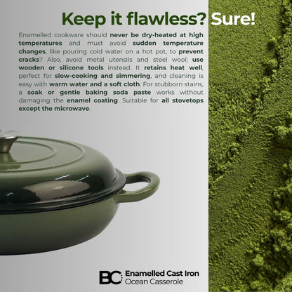 Balance.co 30cm Matcha Enamelled Ocean Casserole 3.6L Shallow Pot Paella Braise/Induction Compatible
