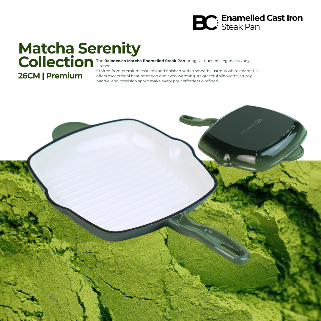 Balance.co 26cm Matcha Enamelled Cast Iron Skillet | Steak Pan / Grill / Induction & Oven Compatible