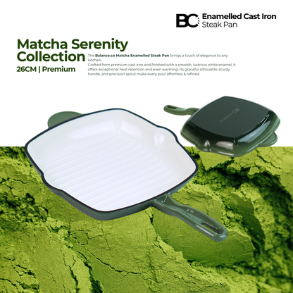 Balance.co 26cm Matcha Enamelled Cast Iron Skillet | Steak Pan / Grill / Induction & Oven Compatible