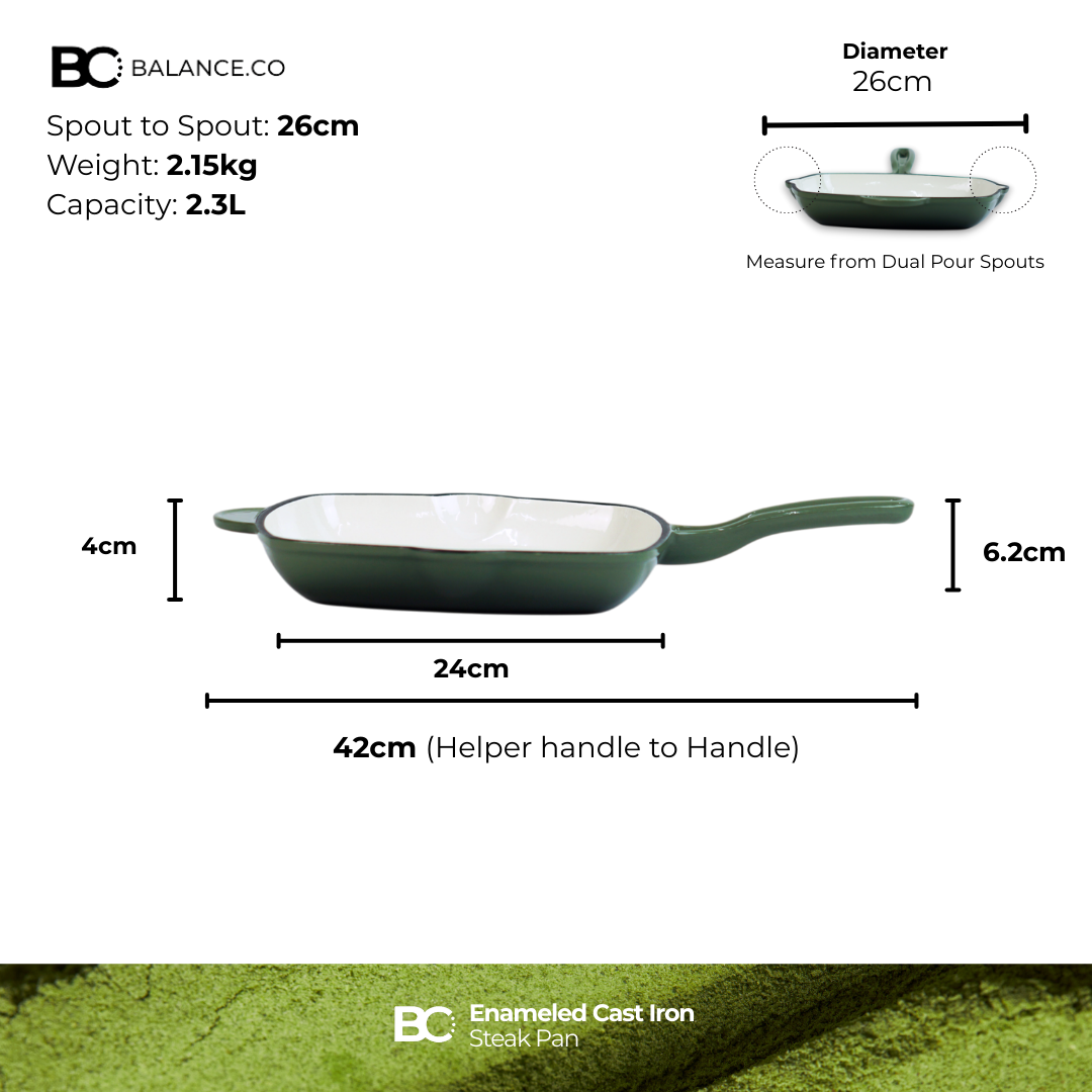 Balance.co 26cm Matcha Enamelled Cast Iron Skillet | Steak Pan / Grill / Induction & Oven Compatible