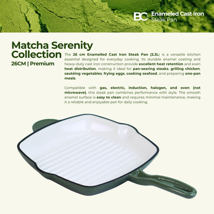 Balance.co 26cm Matcha Enamelled Cast Iron Skillet | Steak Pan / Grill / Induction & Oven Compatible