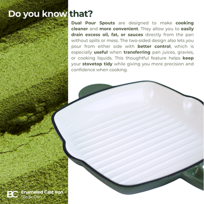 Balance.co 26cm Matcha Enamelled Cast Iron Skillet | Steak Pan / Grill / Induction & Oven Compatible