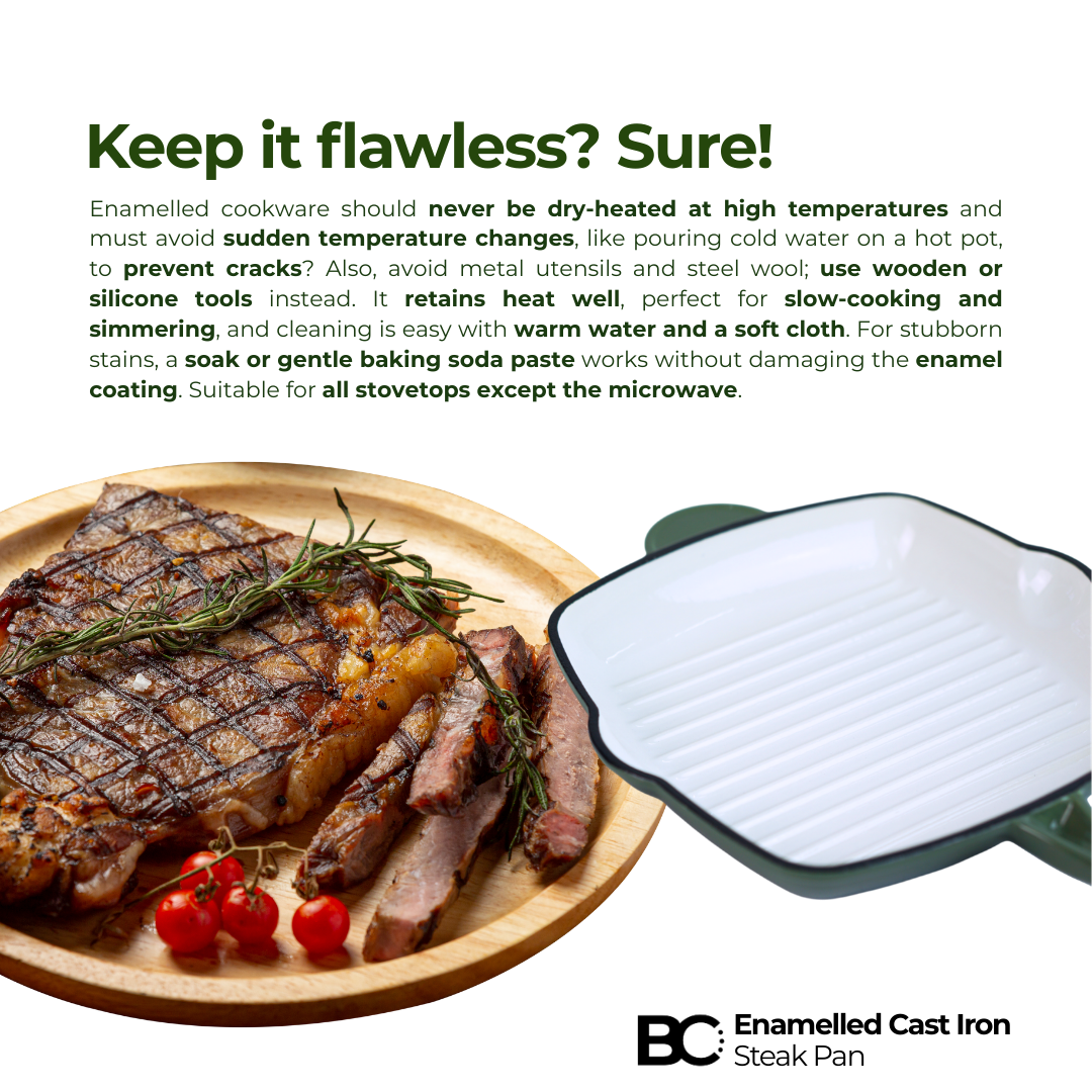 Balance.co 26cm Matcha Enamelled Cast Iron Skillet | Steak Pan / Grill / Induction & Oven Compatible