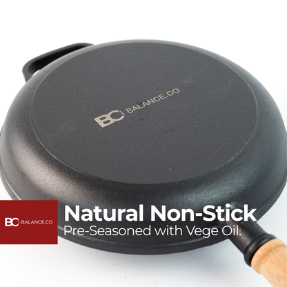 Balance.co 25/29cm Pre-Seasoned Cast Iron Skillet | Non-Stick Frying Pan | Wood Handle