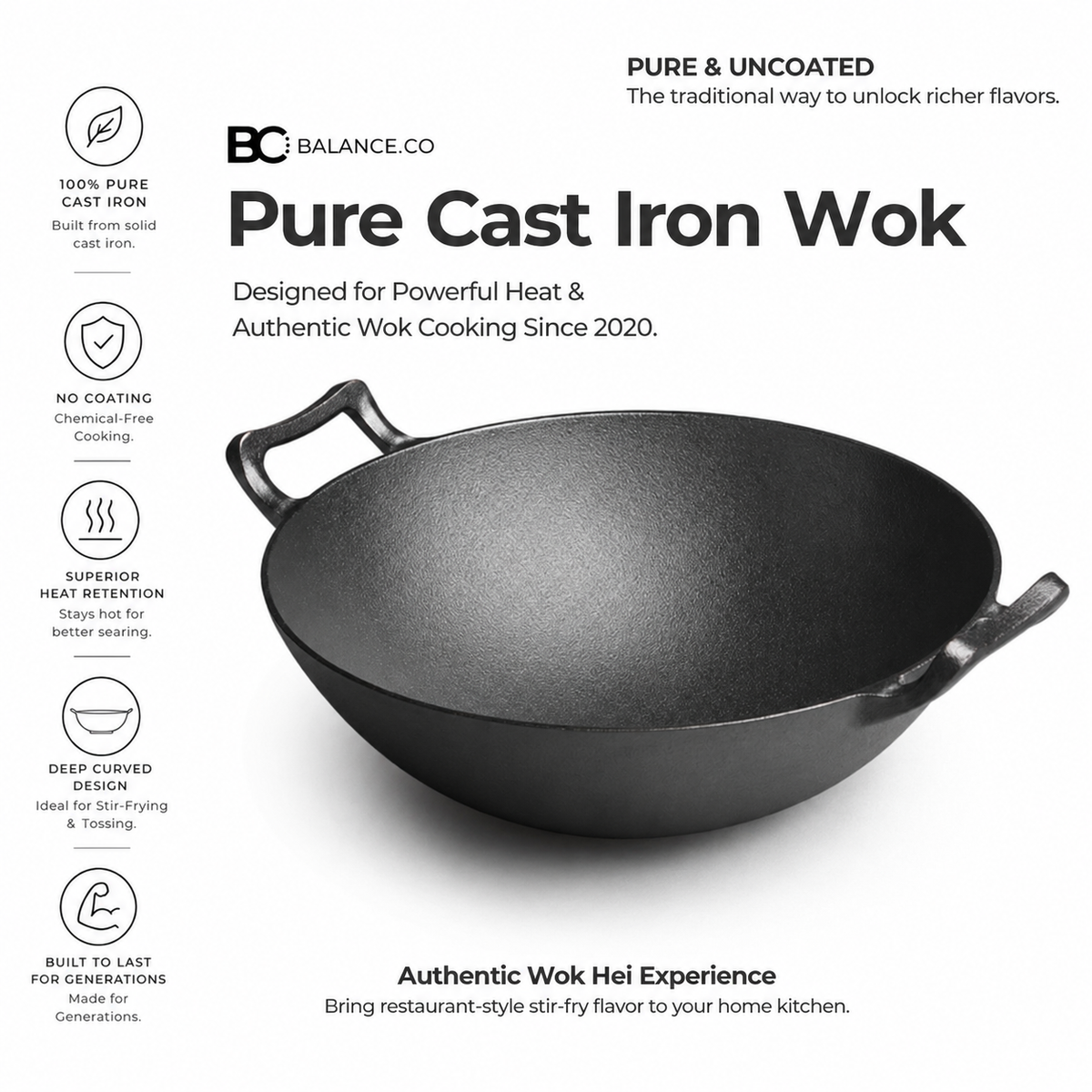 Premium Pre-seasoned Pure Cast Iron Wok