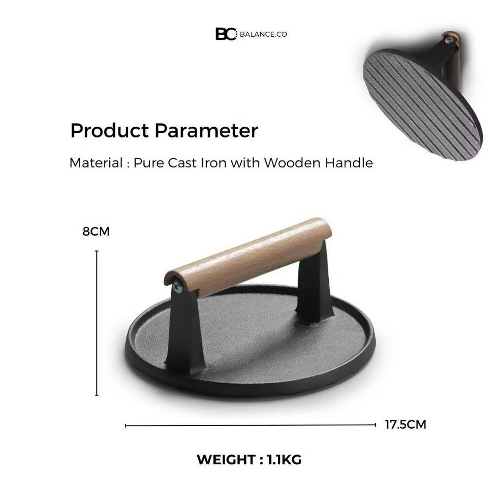 Cast Iron Grill Steak Press with Wood Handle [ Heavy Duty ]