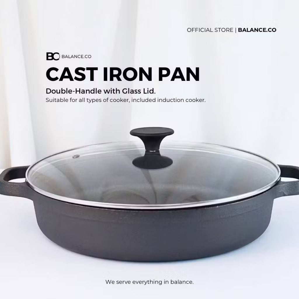 Cast Iron Double Handles Skillet with Glass Lid