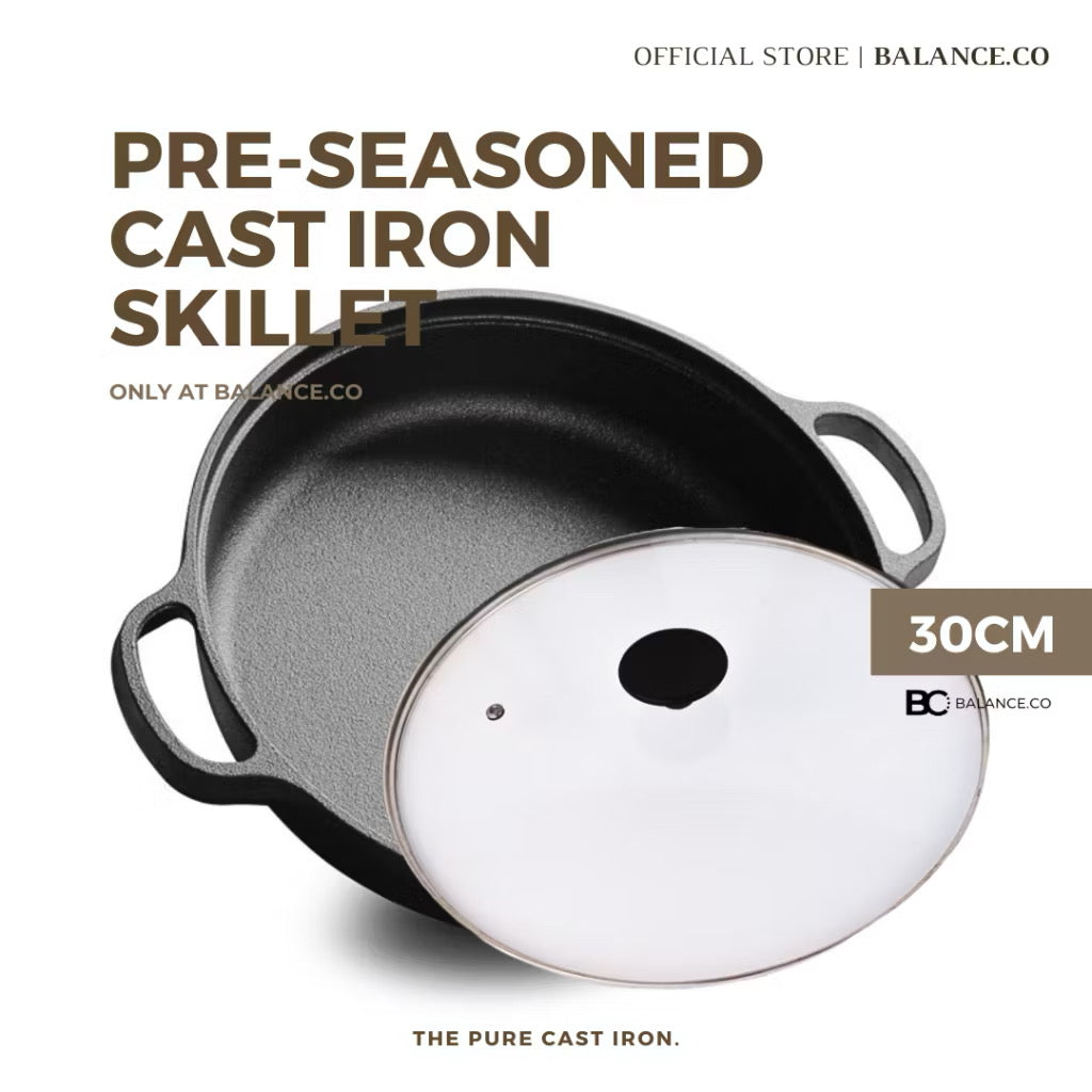 Cast Iron Double Handles Skillet with Glass Lid