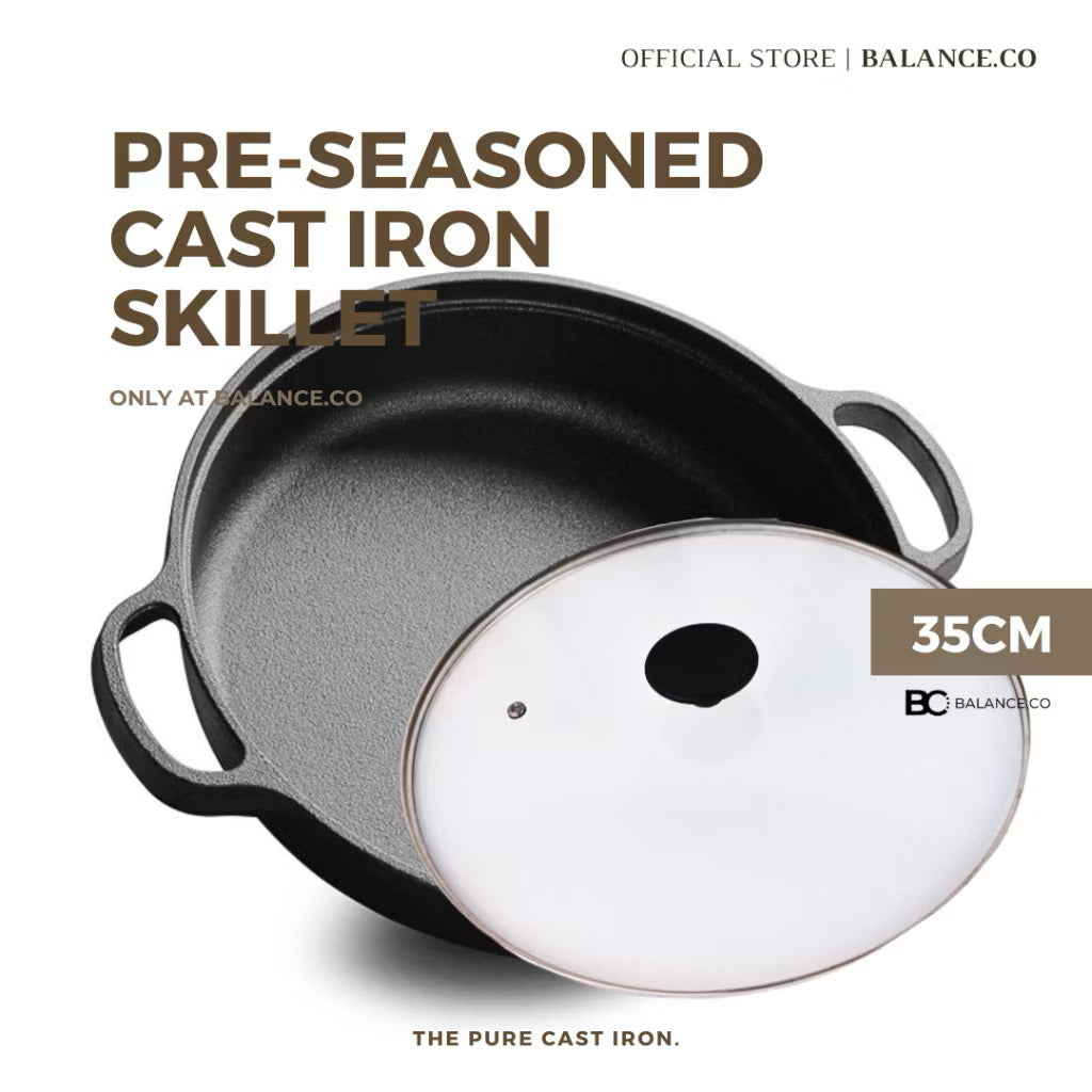 Cast Iron Double Handles Skillet with Glass Lid