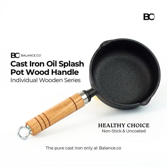 13cm Cast Iron Mini Oil Splash Pot – Hot Oil & Egg Pan with Wooden Handle