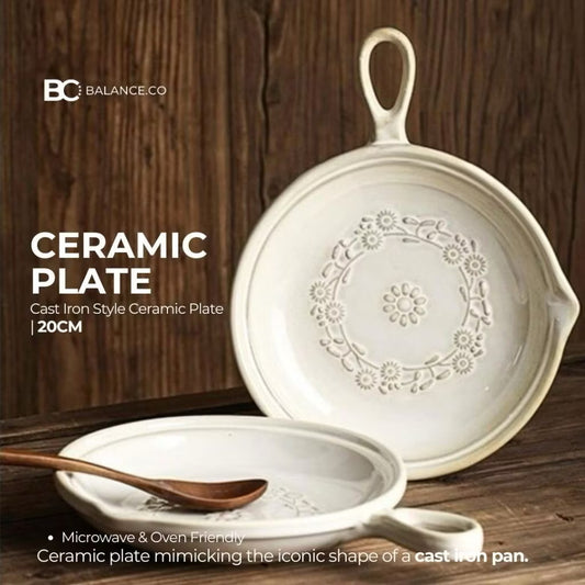 Balance.co Japanese Vintage Ceramic Plate 20cm – Single Handle Retro Glaze Dish for Salad & Steak
